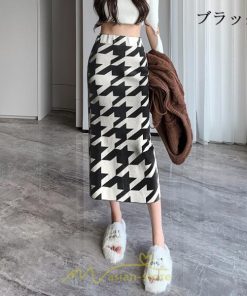 スカート | ロング 春秋冬 レディース ミモレ丈 ウエストゴム ハイウエスト Aライン 無地 きれいめ 大人 千鳥格柄 高見え 人気 SNS映え かっこいい 個性的