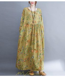 マキシ | ワンピース 大きいサイズ レディース  楽ちん 美人 コットン 夏 秋 新作 ぽっちゃり ゆったり 長袖 お腹 太もも 華奢 花柄 丸首 ポケット 黄色 美脚 着痩せ 通勤