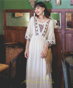 マキシ | ワンピース トップス ロング ロングワンピース 綿麻 夏秋 レディース 大人 おしゃれ シンプル ナチュラル カジュアル 刺繍 花柄 丸首 華やか 上品