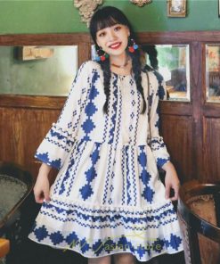 ミニ丈 | ワンピース 夏秋 レディース 長袖 綿麻 ひざ上 ショート かわいい リゾート 休み 旅行 お出かけ 華やか 着痩せ ゆったり 幾何学柄 エスニック風 Vネック 民族風