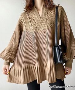 ニット・セーター | 切替ニットセーター レディース トップス プリーツ パフスリーブ ブラウン 長袖 Vネック 切り替え セーター ニット 可愛い おしゃれ感 無地 シャツ フレア