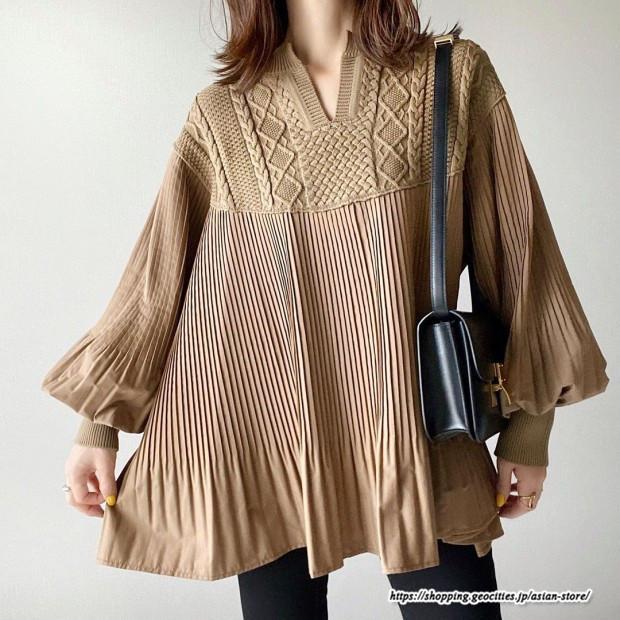 ニット・セーター | 切替ニットセーター レディース トップス プリーツ パフスリーブ ブラウン 長袖 Vネック 切り替え セーター ニット 可愛い おしゃれ感 無地 シャツ フレア