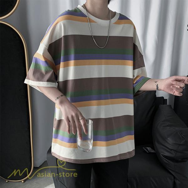 Tシャツ | カットソー メンズ ストライプ カジュアルクルーネック 5分袖 ワイドトップス メンズスタイル カッコウイイ 夏服 上品 日常感