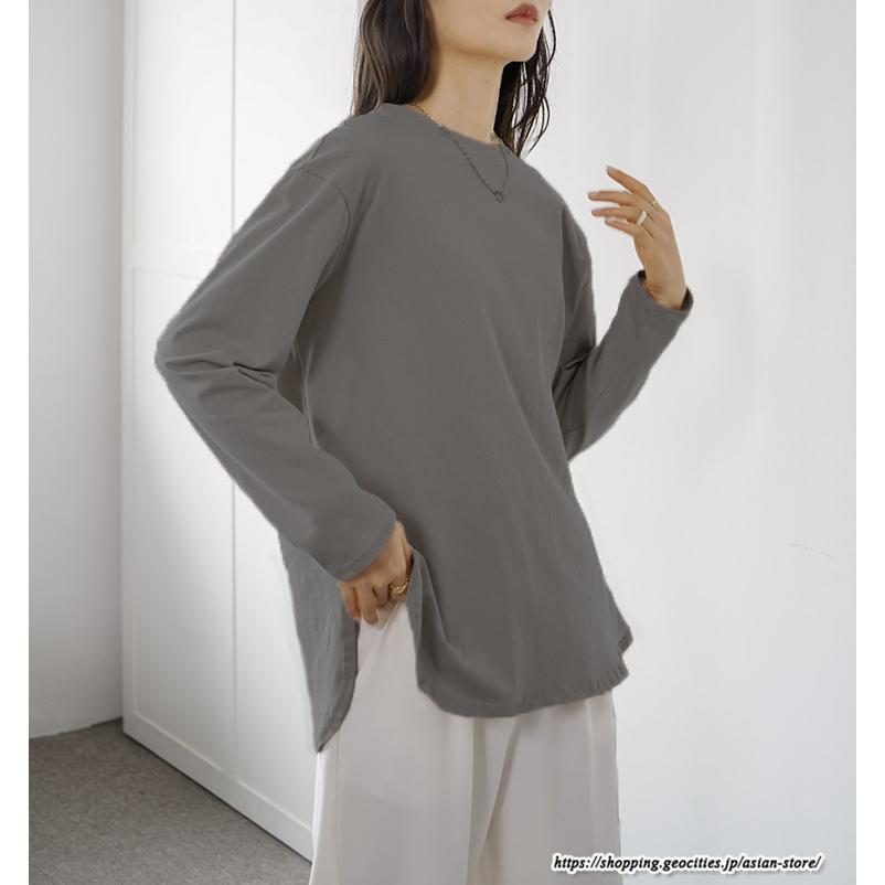 tシャツ・カットソー | Tシャツ Tシャツ コットン長袖オーバーサイズ裾ラウンドTシャツ レディース 綿Tシャツ 長袖Tシャツ クルーネック 秋物 ミドル丈 無地 丸首 長袖