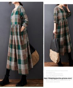 マキシ | チェック柄ワンピースリネン風 長袖ワンピース 30代レディース秋物長袖 綿麻風 ゆったり ゆるシルエット 大人 可愛い 通学通勤 リネンワンピ チェック柄 50代