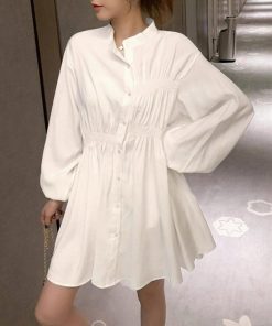 シャツ・ブラウス | レディース 春夏長袖 チュニックワンピ シャツブラウス 白 シャツワンピース ウエストマーク ミニワンピース