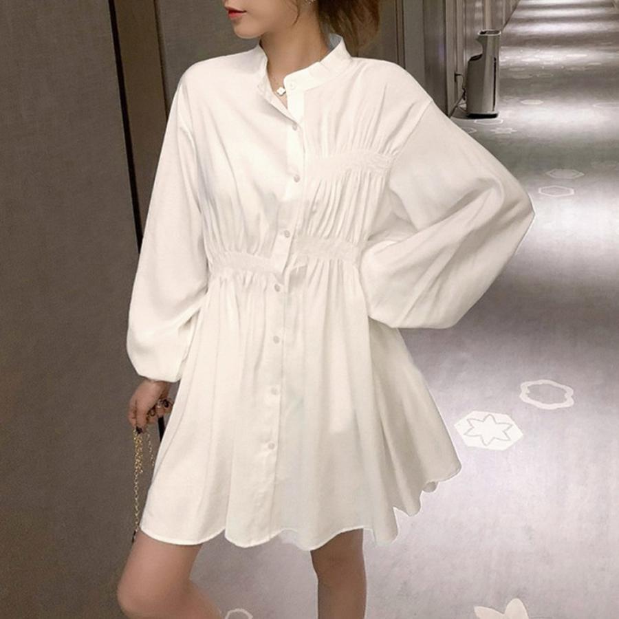 シャツ・ブラウス | レディース 春夏長袖 チュニックワンピ シャツブラウス 白 シャツワンピース ウエストマーク ミニワンピース