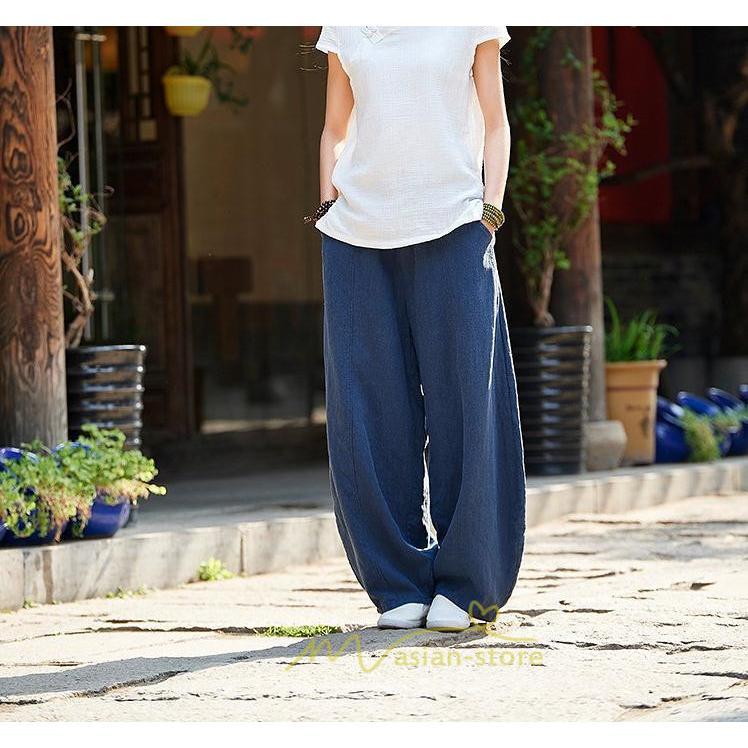 ワイドパンツ | 夏パンツ レディース パフパンツ ロングパンツ 綿麻パンツ 涼しい ゆったり ウエストゴム 可愛い 20代30代40代50代60代 無地 大人 大きめ