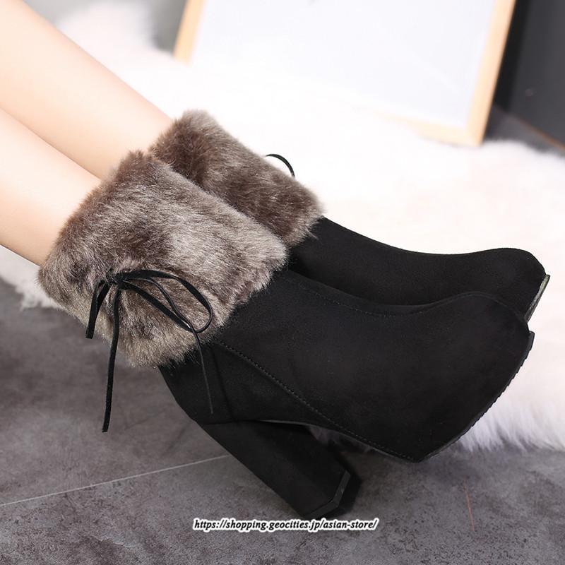 ブーツ | ショートレディース 10cmハイヒール ファー 冬用 保温防寒 太めヒール サイドジッパー あったか 痛くない オシャレ 冬靴 痛くない 歩きやすい