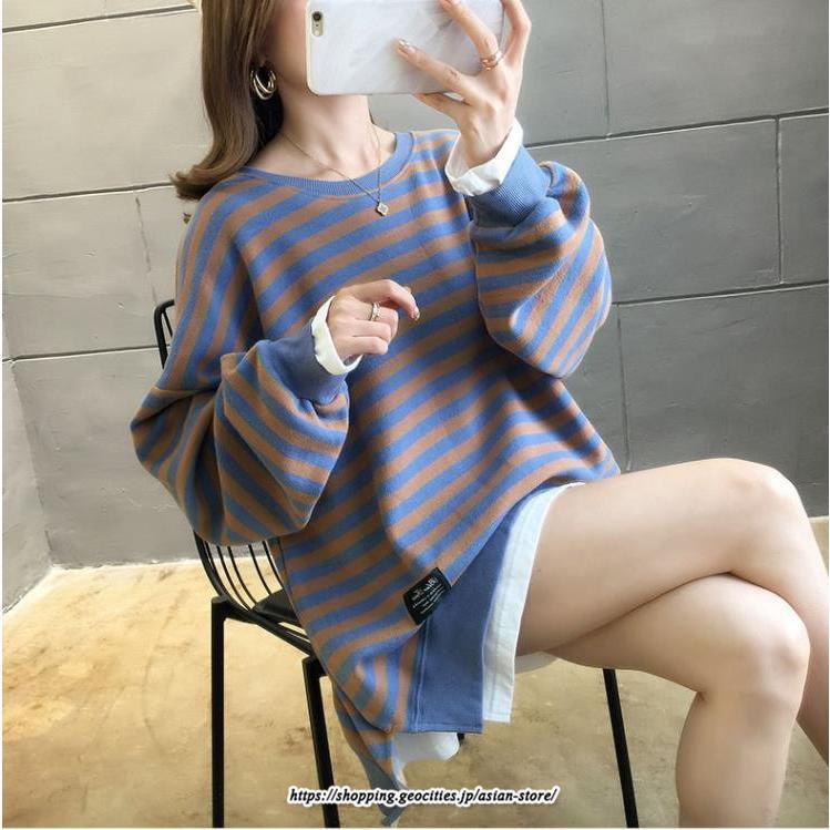 パーカー | 重ね着風トレーナー レディース 長袖 トップス カジュアル スウェット ボーダー柄 ゆったり トレーナー トップス 切り替え 可愛い きれいめ レイヤード風