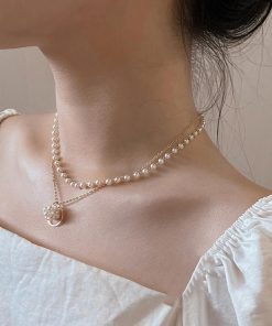 ネックレス | 2連 チョーカーレディース ショート チェーンフェイクパールアクセサリー おしゃれ ゴールド