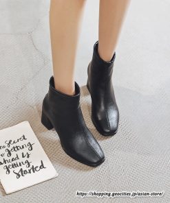 ショートブーツ | レディース 裏起毛あり 裏起毛なし スクエアトゥ ブーツ チャンキーヒール 太ヒール 後ろファスナー ミドルヒール 大人 靴 シューズ 黒ブーツ