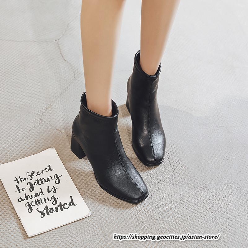 ショートブーツ | レディース 裏起毛あり 裏起毛なし スクエアトゥ ブーツ チャンキーヒール 太ヒール 後ろファスナー ミドルヒール 大人 靴 シューズ 黒ブーツ