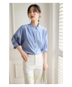 シャツ・ブラウス | ブラウス コットン 七分袖 レディース 青 入学式 入園式 卒業式 卒園式 フォーマル 結婚式 ママ 着痩せ 華奢見え OL お仕事 20代30代40代 通勤 新作 ビジネス