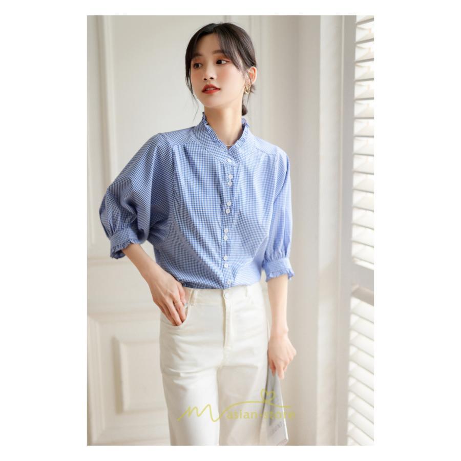 シャツ・ブラウス | ブラウス コットン 七分袖 レディース 青 入学式 入園式 卒業式 卒園式 フォーマル 結婚式 ママ 着痩せ 華奢見え OL お仕事 20代30代40代 通勤 新作 ビジネス