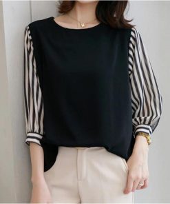 送料無料SALE | ブラウス レディース 切り替え フェイク ストライプ パフスリーブ 無地 黒 白 トップス シャツ 丸ネック 七分袖 夏服 大人 サマー 30代40代 50代 可愛い OL