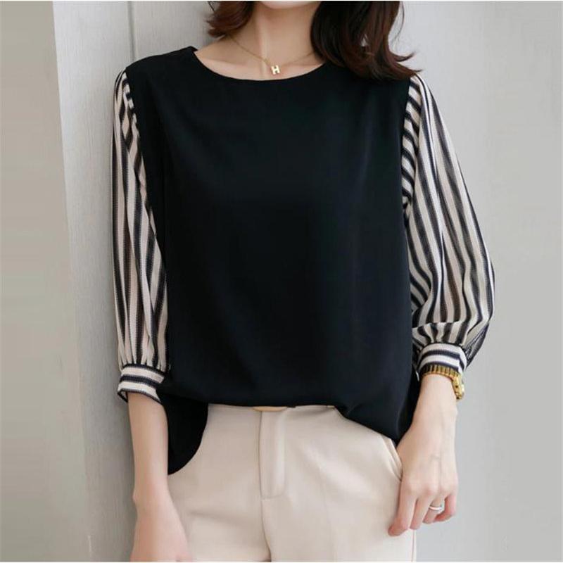 送料無料SALE | ブラウス レディース 切り替え フェイク ストライプ パフスリーブ 無地 黒 白 トップス シャツ 丸ネック 七分袖 夏服 大人 サマー 30代40代 50代 可愛い OL