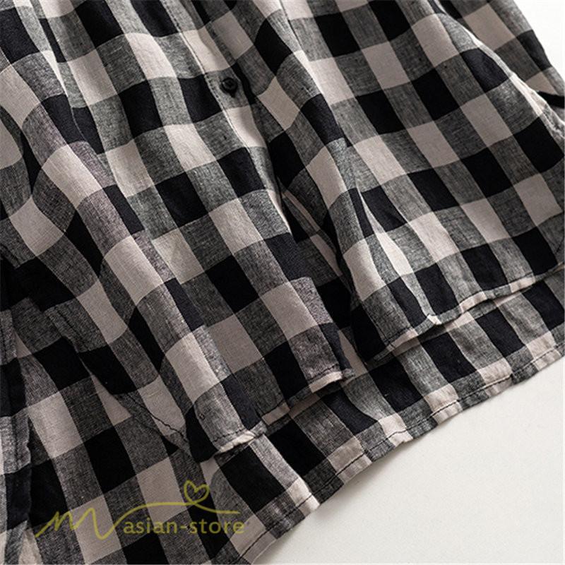 送料無料SALE | チェックワンピース 半袖ワンピース 夏ワンピース シャツワンピース ロングシャツ 膝上丈 麻 羽織り 前開き ポケット 30代40代 可愛い スリム 女の子