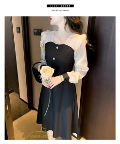 ミディアム | Aラインワンピース 切り替えワンピース 秋コーデ レディース 長袖 膝丈ワンピース 美ライン シルエット 無地 フォーマル 黒ワンピース お呼ばれ オフィス