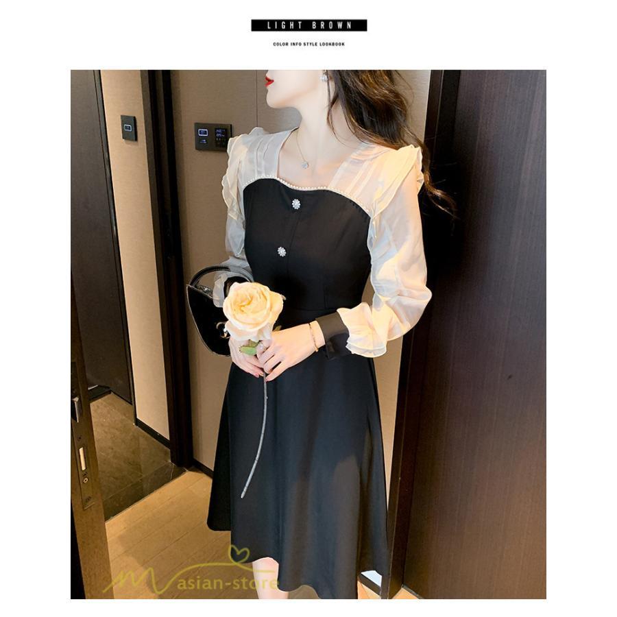 ミディアム | Aラインワンピース 切り替えワンピース 秋コーデ レディース 長袖 膝丈ワンピース 美ライン シルエット 無地 フォーマル 黒ワンピース お呼ばれ オフィス