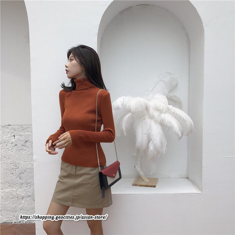 ニット・セーター | カットソー ニット レディース リブニット ハイネック 長袖 秋冬 春 トップス スリム ストレッチ 暖かい 長袖ニット 無地 プルオーバー インナー 長袖カットソー