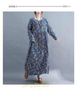 マキシ | ワンピース レディース 大きいサイズ 長袖 ロング丈 マキシ丈 丸首 コットン 花柄 青 夏 秋 体型カバー 着痩せ ゆったり ポケット 美シルエット 広がる裾 通勤