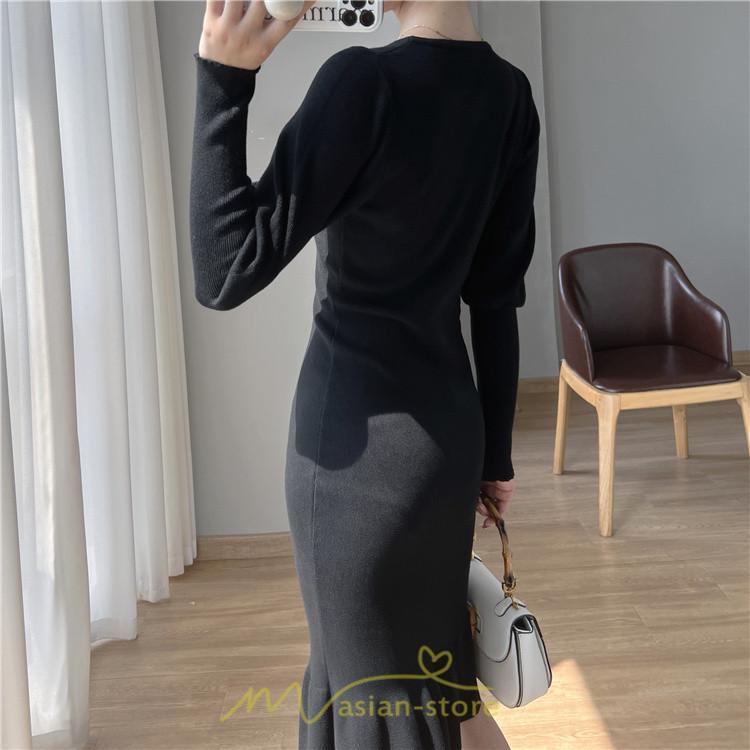 ニットワンピース | ニット ワンピース ロング Vネック ニットワンピ 長袖 ブラック 2022秋冬 ブルー マーメイド フリル セクシー 通勤 おしゃれ キレイめ ミモレ丈 上品