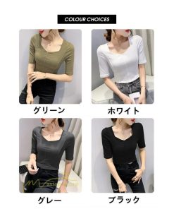 ｔシャツ・カットソー | Tシャツ Tシャツ レディース カットソー 着痩せ 5分袖 着回し 人気 スクエアネック ストレッチ 無地 ショート丈 細身 カジュアルトップス 着痩せ サマー きれい
