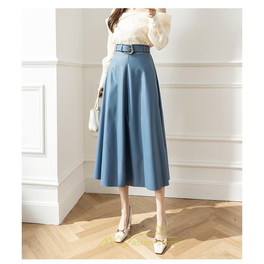 スカート | レザーフレアロング レディース ベルト付き ボトムス ロングAライン ミモレ丈 かっこいい 着痩せ キレイめ スリット