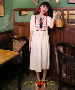 マキシ | ワンピース レディース 刺繍 綿麻 レトロ調 インスタ映え ナチュラル エスニック風 民族風 ボヘミアン 柔らかい SNS映え リゾート 赤 黄色 撮影 白