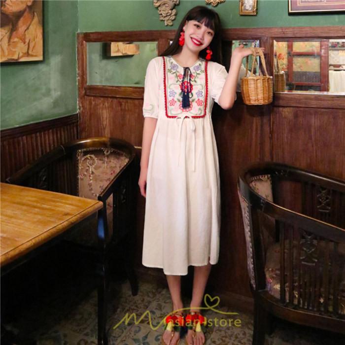 マキシ | ワンピース レディース 刺繍 綿麻 レトロ調 インスタ映え ナチュラル エスニック風 民族風 ボヘミアン 柔らかい SNS映え リゾート 赤 黄色 撮影 白