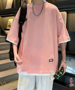 Tシャツ | メンズ 夏物 半袖 五分袖 フェイク レイヤード 重ね着風 無地 おしゃれ プルオーバー オーバーサイズ カジュアル 30代 20代 40代 ゆったり 男性着