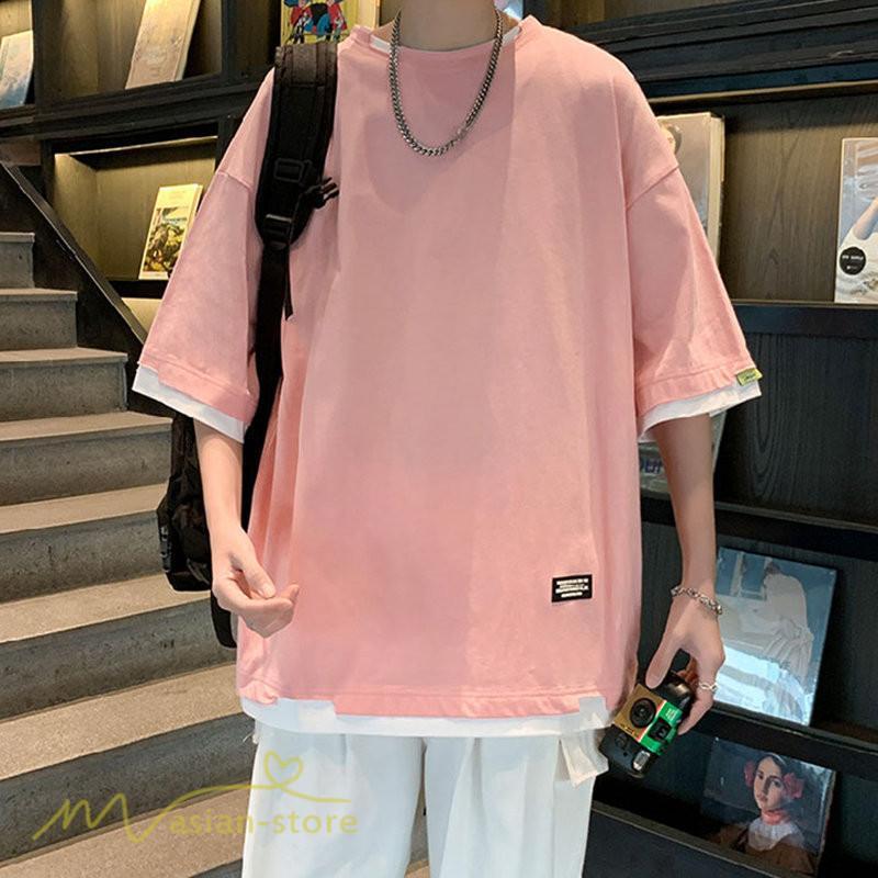Tシャツ | メンズ 夏物 半袖 五分袖 フェイク レイヤード 重ね着風 無地 おしゃれ プルオーバー オーバーサイズ カジュアル 30代 20代 40代 ゆったり 男性着