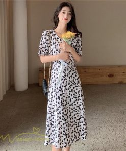 ミディアム | ワンピース レディース 着痩せ 花柄 半袖 大きいサイズ 上品 Aラインワンピース ゆったり Vネック ハイウエスト ミディアム丈 お出かけ 通勤 ひざ丈 通学