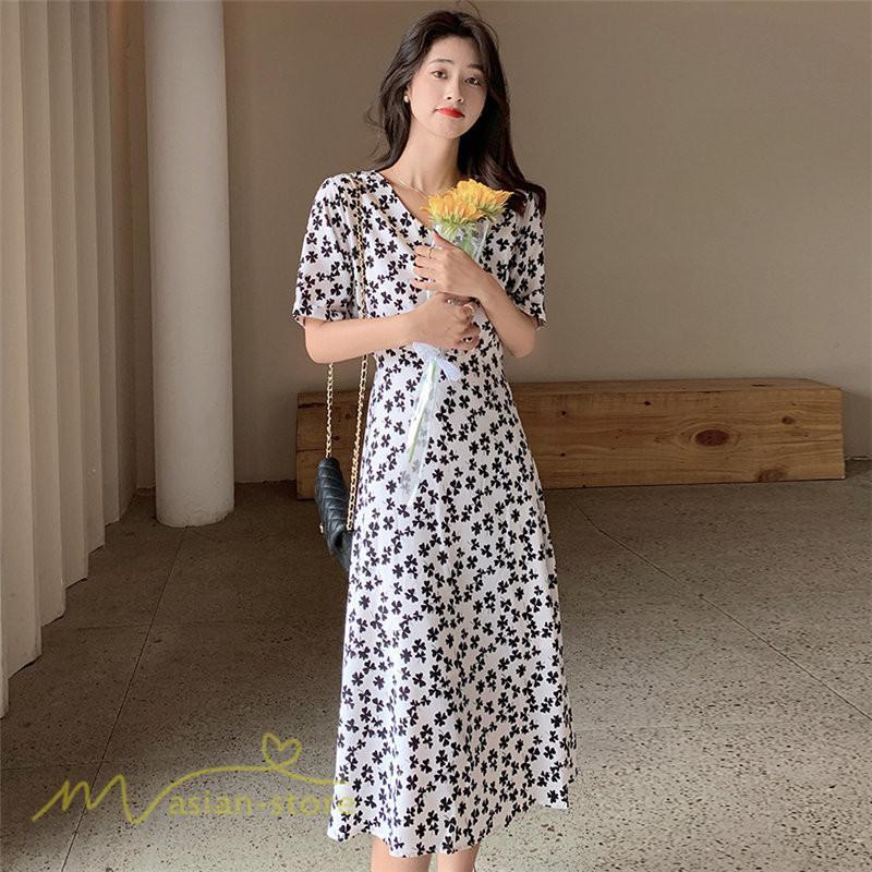 ミディアム | ワンピース レディース 着痩せ 花柄 半袖 大きいサイズ 上品 Aラインワンピース ゆったり Vネック ハイウエスト ミディアム丈 お出かけ 通勤 ひざ丈 通学