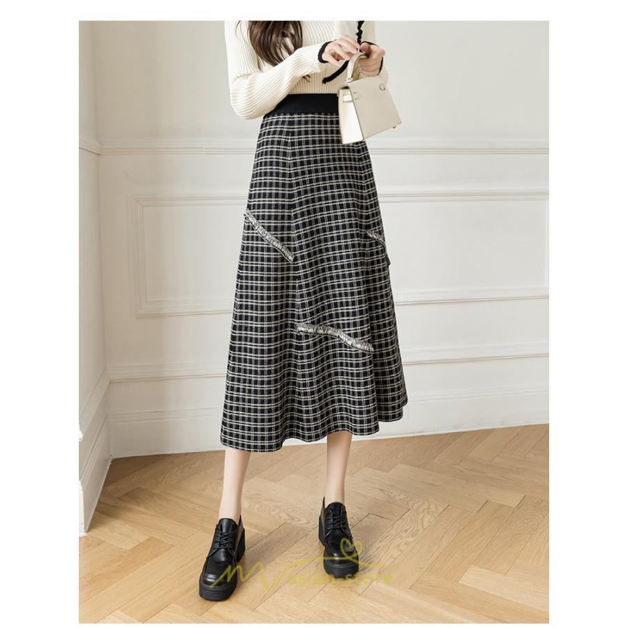 スカート | ロングチェック柄 ニット きれいめ レディース ロング丈 女子会 デート 20代 30代 40代 50代 秋 あったか お出かけ 冬 フレア 高見え 細見え