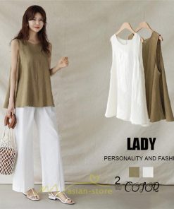 シャツ・ブラウス | ブラウス トップス ノースリーブ レディース ｔシャツ タンクトップ ベルト付き 広い裾 フレア裾 涼しい 涼感 体型カバー ゆったり 綿麻 夏 おしゃれ 大人 無地