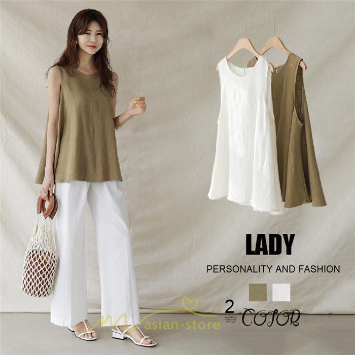 シャツ・ブラウス | ブラウス トップス ノースリーブ レディース tシャツ タンクトップ ベルト付き 広い裾 フレア裾 涼しい 涼感 体型カバー ゆったり 綿麻 夏 おしゃれ 大人 無地