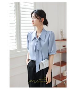 シャツ・ブラウス | シフォンブラウス 半袖 レディース シフォン ブラウス 白 青 フォーマル 開襟 服 バブルスリーブ 蝶結び 着痩せ 春 韓国風 通勤 おしゃれ 女性 上品 夏