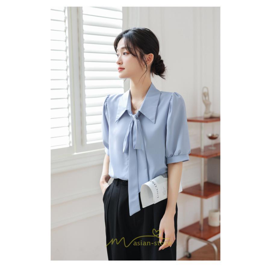 シャツ・ブラウス | シフォンブラウス 半袖 レディース シフォン ブラウス 白 青 フォーマル 開襟 服 バブルスリーブ 蝶結び 着痩せ 春 韓国風 通勤 おしゃれ 女性 上品 夏
