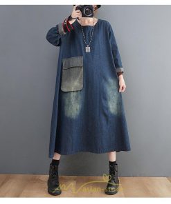 デニムワンピース | ワンピース デニム レディース 40代 ロング チュニック 長袖 ゆったり かわいい 大きいサイズ 藍 大きいポケット 体型カバー