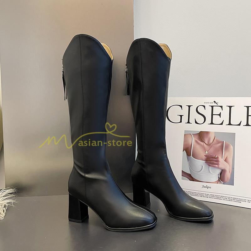 ロングブーツ | レディース ブーツ 秋冬 シューズ 靴 太ヒール チャンキーヒール 合皮ブーツ PUブーツ ロング靴 後ろファスナー COS くつ 大人 コスプレ