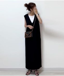 マキシ | ロングワンピース 20代30代 ノースリーブ スリム ストリート ワンピ 無地 40代50代 黒 タンクトップワンピース 涼しい 可愛い スリット セクシー Vネック