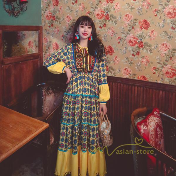 マキシ | ワンピース レディース 春夏 マキシワンピース 長袖ワンピース 綿麻 無地 Aライン フレアワンピース ハイウェスト エスニック ボヘミア風 ロング リゾート