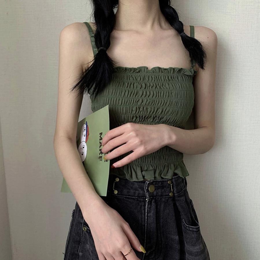キャミソール | インナー ベアトップ レディース ストラップ付き チューブトップ トップス 韓国ファッション ストレッチ ギャザー飾り フリル