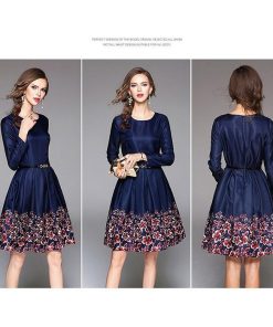 フレア | フレアワンピース レディース 大きいサイズ 膝丈ワンピース 長袖ワンピ 花柄 丸ネック 大人 二次会 パーティー フェミニン