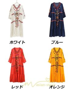 マキシ | ワンピ ワンピース ロング丈 七分袖 レディース 大人 おしゃれ きれいめ お出かけ 大人可愛い 白 青 赤 春夏秋 旅行 20代30代40代 民族風 オレンジ 海