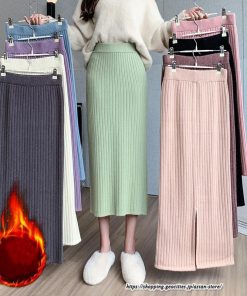 スカート | ニットストレッチレディース 秋冬 ロング丈 ミモレ丈 後ろスリット入れ タイトウエストゴム スリム リブニット 大人