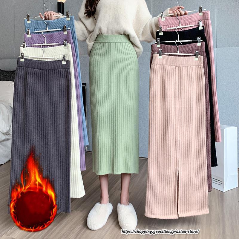 スカート | ニットストレッチレディース 秋冬 ロング丈 ミモレ丈 後ろスリット入れ タイトウエストゴム スリム リブニット 大人