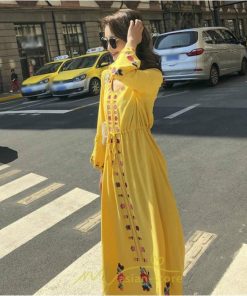 マキシ | ロングワンピース ロング丈 刺繍 ワンピ 民族風 エスニック風 長袖 ゆったり 体型カバー シンプル ナチュラル 花柄 旅行 着痩せ 綿麻 お出かけ　 リゾート